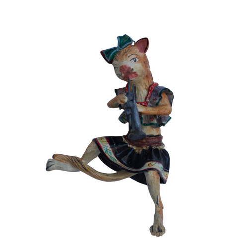 Handcrafted Peruvian Folk Art, Cast Playing Flute/Clarinet, Whimsical Ornament, Whimsical Cat Ornament, Vintage Cat Ornament, Hand Painted Cat Ornament
