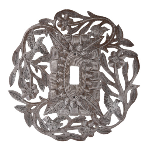 Haitian metal switch plate, Floral bird switch cover, Handmade wall plate, Jean Elise Haitian art