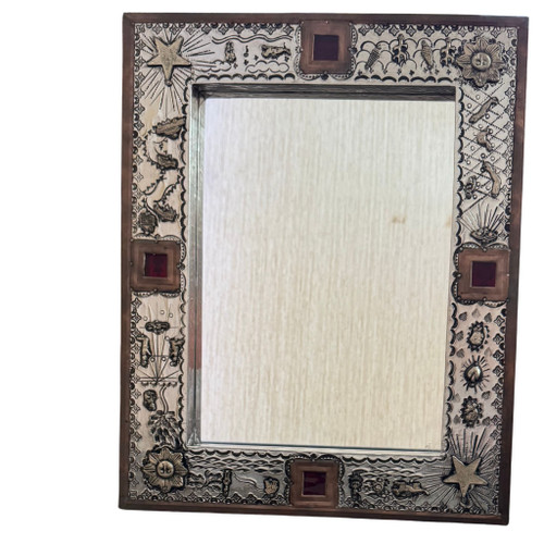 Vintage Mexican folk art, Handcrafted tin mirror