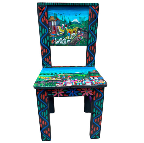 Tigua folk art, Ecuadorian folk art, hand painted children’s chair, José Vega Cuyo