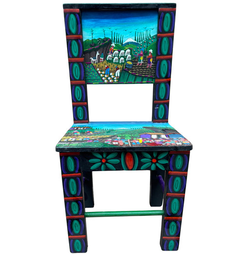 Latin American folk art, indigenous Ecuador art, signed folk art chair, Tigua painting