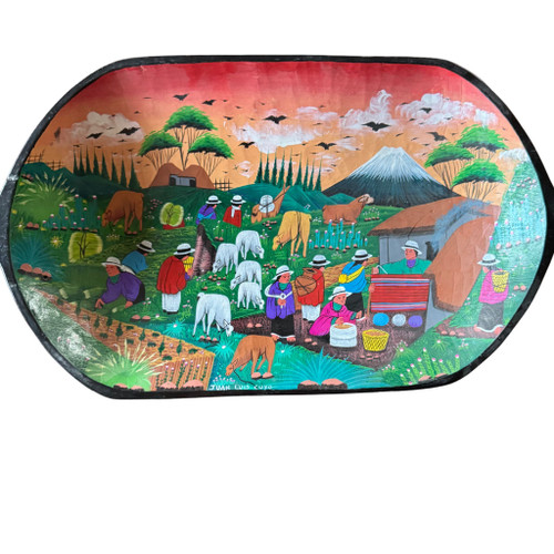 Tigua folk art, Ecuadorian folk art, hand painted wooden bowl, José Vega Cuyo, Andean art, Latin American folk art