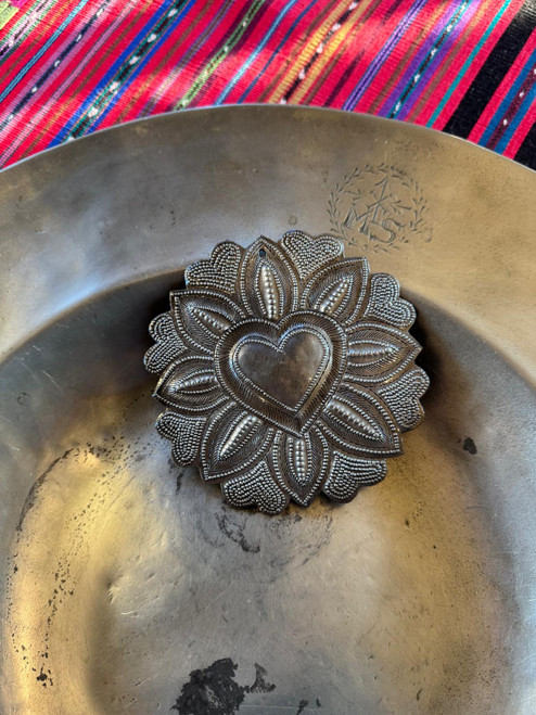 fair trade milagro wall hanging

love and friendship sacred heart gift

handcrafted haitian metal heart art