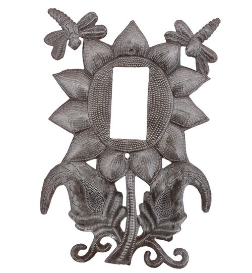 Handmade Metal Flower Rocker Plate Cover with Dragonflies from Haiti Art, Spring Home Collection