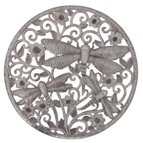 Haitian metal art, dragonfly wall décor, round metal wall art, floral metal sculpture, recycled steel art