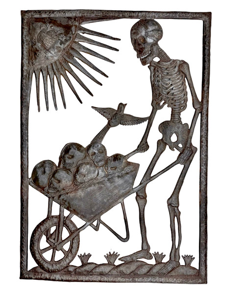 Haitian metal art, skeleton sculpture, oil drum art, folk art wall hanging, recycled steel art, outsider art, skull art, signed Haitian art