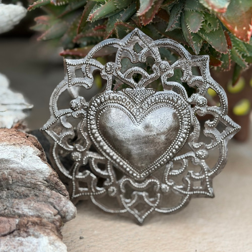 filigree heart wall art
ornate sacred heart decor
Haitian metal art
lace metal wall art
boho heart decor