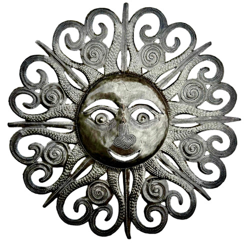 sun face metal art, whimsical wall hanging, tropical home décor, eco-friendly wall sculpture