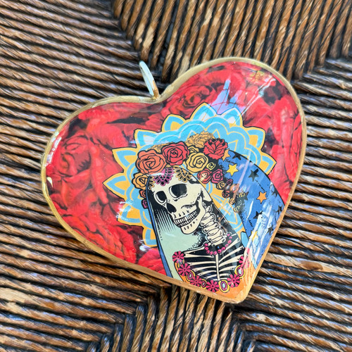 Day of the Dead decoration, floral skull ornament, skeleton bride heart, Dia de los Muertos gift, Mexican ornament, decorative glass art