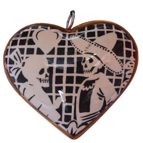 Papel Picado, Day of the Dead gift, skull heart ornament, Mexican glass art, folk art decor, colorful skull ornament, Dia de los Muertos heart