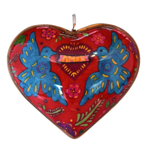 Day of the Dead gift, hanging heart ornament, folk art glass heart, Mexican ornament, peace and love decor, sugar skull heart