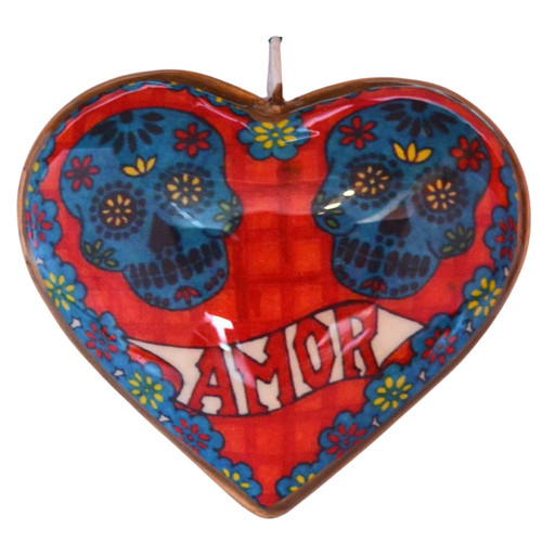Day of the Dead ornament, Dia de los Muertos decor, sugar skull ornament, Amor ornament, sacred heart decor, glass heart ornament, Mexican folk art, double sided ornament, colorful skull decor