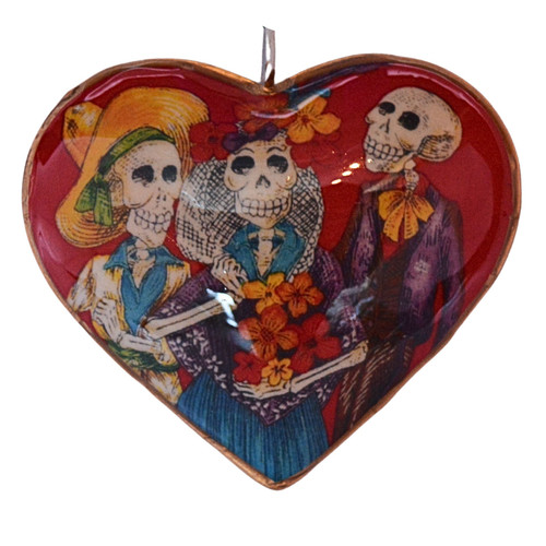 hanging heart decoration, Day of the Dead gift, colorful skull decor, Mexican ornament, folk art glass heart, skeleton family art, Dia de los Muertos heart