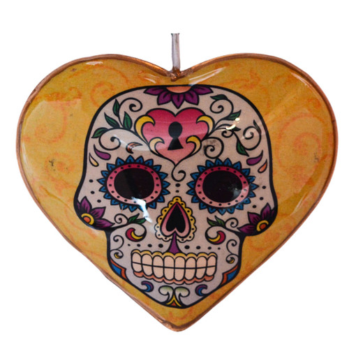 Day of the Dead ornament, Dia de los Muertos decor, sugar skull ornament, skeleton family decor, glass heart ornament, Mexican folk art, calavera ornament, double sided ornament