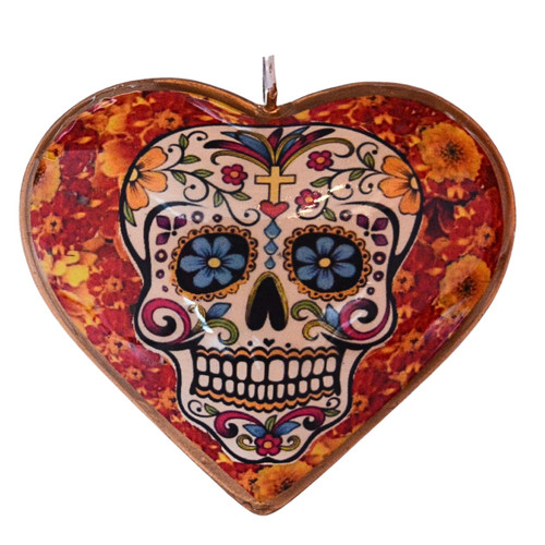 Day of the Dead ornament, sugar skull decor, Dia de los Muertos ornament, glass heart ornament, lace heart ornament, Mexican folk art, skull heart decor, double sided ornament