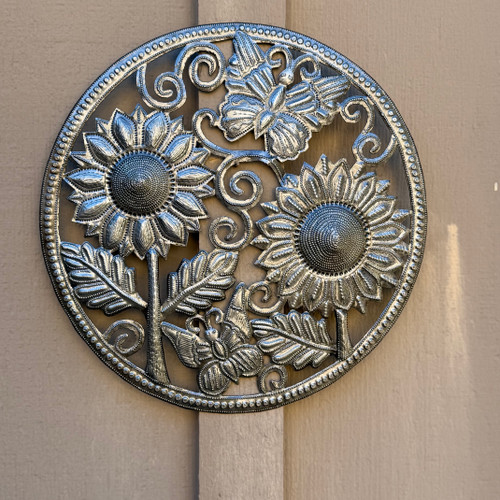 Haitian metal art, sunflower wall art, butterfly wall decor, Jorby Lebrun