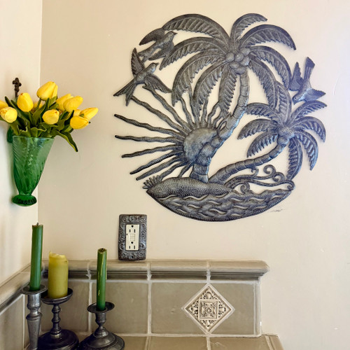 beach house decor, coastal wall decor, tropical bird art, recycled steel sculpture, fair trade decor, handmade Haitian art