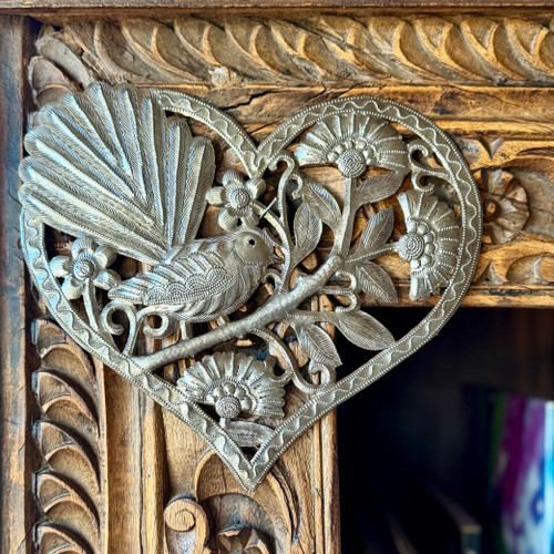 bird heart wall art, Haitian metal art, love bird decor, heart wall sculpture, flower wall art