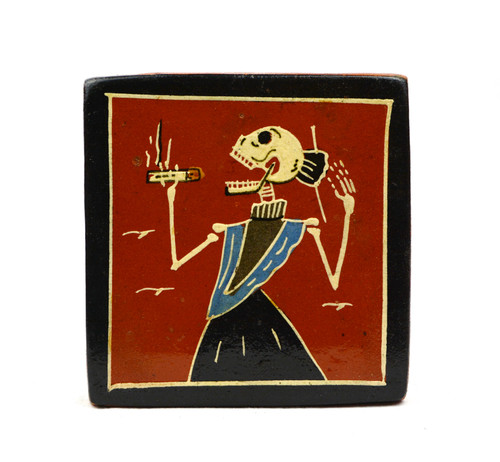 Javier Ramos Lucano, Tonala Mexico tile, Day of the Dead folk art, Dia de los Muertos tile, Mexican skeleton wall art, calavera ceramic tile, hand painted