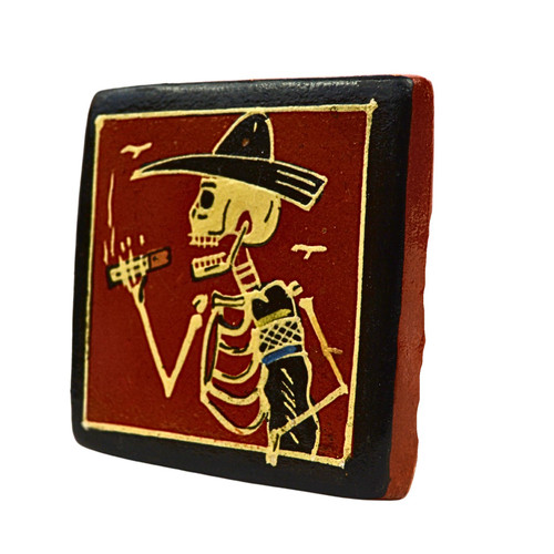 hand painted ceramic tile, tonala pottery, sombrero skeleton, mexican wall decor, collectible folk art, mexican artisan pottery, calavera folk art, day of the dead decor, vintage mexican art, mexican ceramic collectible, tonala artist