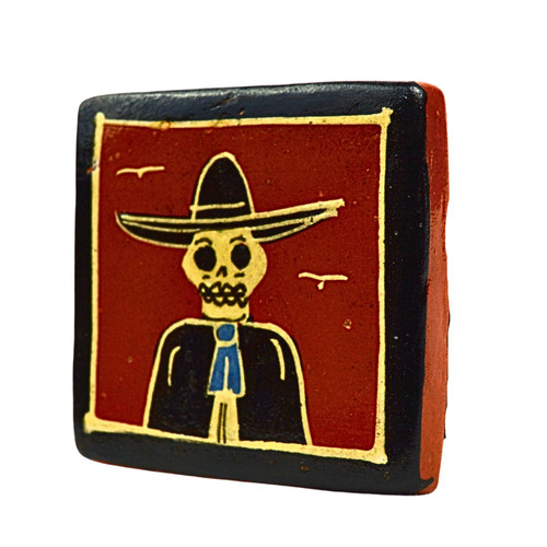 javier ramos lucano, javier ramos lucano tile, tonala mexico folk art, tonala ceramic tile, calavera tile, day of the dead tile, dia de los muertos art, mexican skeleton art, sombrero skeleton, mexican folk art