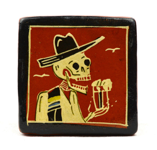 mexican folk art, hand painted ceramic tile, tonala pottery, sombrero skeleton, mexican wall decor, calavera folk art, collectible mexican art, artisan ceramic tile, day of the dead decor, mexican pottery collectible, tonala artis