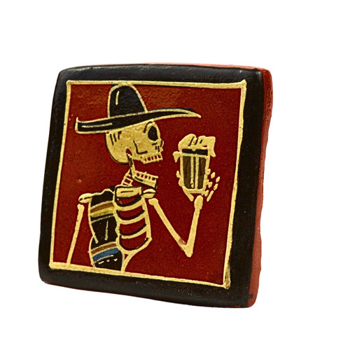 skeleton beer mug art, day of the dead tile, dia de los muertos art, mexican skeleton tile, mexican folk art, hand painted ceramic tile, tonala pottery