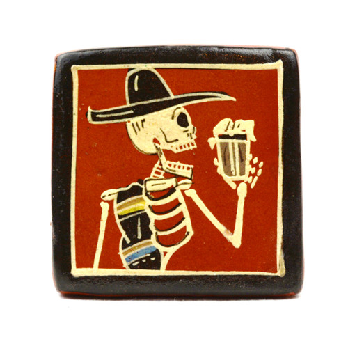 mexican folk art, hand painted ceramic tile, tonala pottery, sombrero skeleton, mexican wall decor, calavera folk art, collectible mexican art, artisan ceramic tile, day of the dead decor, mexican pottery collectible, tonala artis