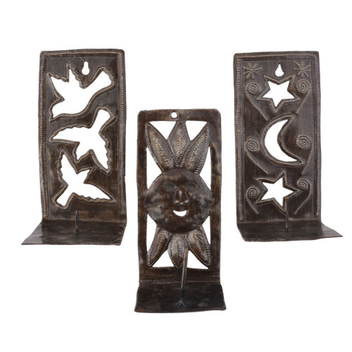 haitian metal art, sun moon stars decor, dove wall art, celestial wall decor, folk art candle holder, tea light holder, wall sconce candle holder, handmade metal art, recycled steel art