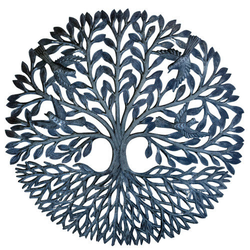 tree of life wall art, tree of life sculpture, Haitian metal art, tree with birds wall decor, Wilnord Haitian artist, recycled steel wall art, fair trade home decor, Haitian folk art