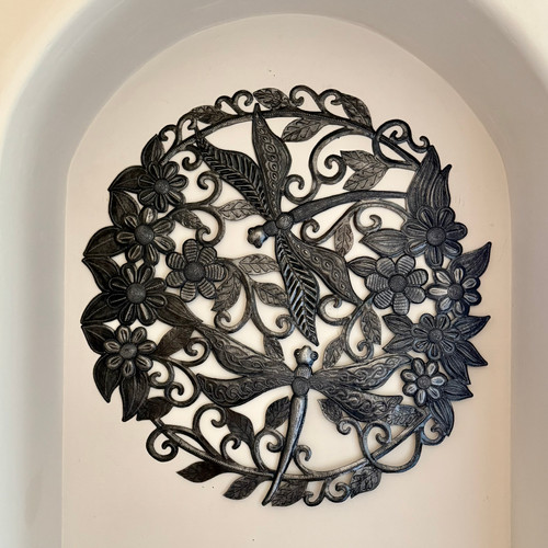 Wilnord artist, recycled steel wall decor, fair trade home decor, Haitian folk art, garden wall sculpture
