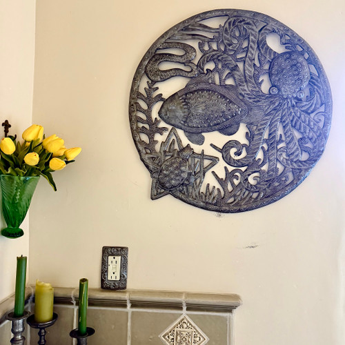 Haitian metal art, sea life wall art, ocean wall decor, fish metal sculpture, octopus wall art