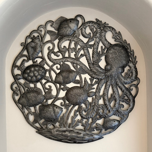 Pierre Davens, Haitian metal art, sea life wall art, octopus wall sculpture, turtle wall decor, tropical fish wall art