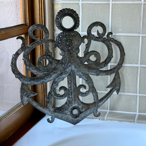 Haitian metal art, octopus wall art, anchor wall decor, nautical metal sculpture
