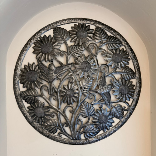 Haitian metal art, sunflower wall art, hummingbird wall decor, floral metal wall sculpture, garden wall art, recycled oil drum art, Haitian wall hanging, sunflower decor, bird wall art