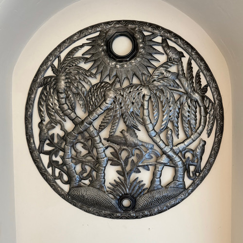 Haitian metal art, palm tree wall art, tropical bird wall decor, Caribbean wall art, recycled oil drum art, steel drum sculpture, Haitian wall hanging, tropical metal wall art, palm tree decor