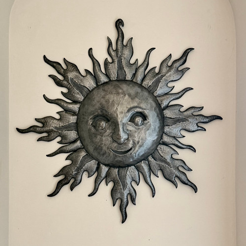 Haitian sun wall art, Haitian metal art, sun face sculpture, recycled oil drum art