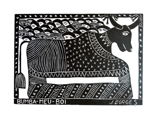 J Borges, José Francisco Borges, Bumba Meu Boi, Brazilian woodcut print, xilogravura, cordel art, Brazilian folk art, signed J Borges print, hand pulled woodcut, Brazilian printmaking, limited edition print