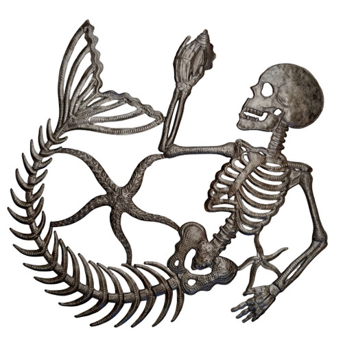 Haitian metal art, skeleton mermaid wall art, mermaid skeleton sculpture, Haitian folk art, recycled steel wall art, recycled oil drum art, handmade metal wall sculpture, gothic mermaid decor, nautical wall art, coastal wall decor, beach house wall art