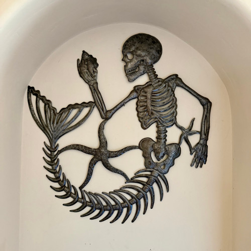 skeleton wall art, ocean inspired decor, artisan metal sculpture, Fair Trade home decor, Croix-des-Bouquets metal art, handmade Haitian sculpture, recycled metal artwork, unique wall hanging, fantasy wall art