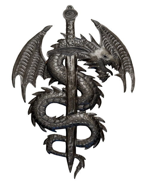 Haitian metal dragon wall art, dragon sword wall sculpture, handmade dragon decor, fantasy metal wall art, medieval wall decor, dragon wall hanging, Haitian metal art, recycled steel wall art, recycled oil drum art, handmade folk art, artisan metal sculpture,