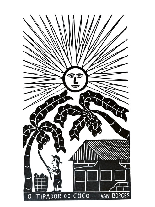 Ivan Borges, O Tirador de Coco, O Tirador de Côco, coconut picker art, coconut harvester print, Brazilian woodcut, Brazilian woodcut print, Brazilian folk art, Brazil folk art, Northeastern Brazilian art