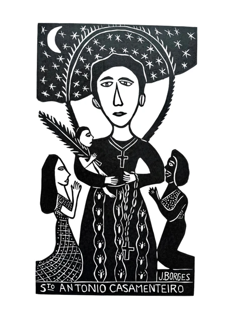 J Borges, J Borges art, J Borges woodcut, J Borges signed print, Santo Antonio Casamenteiro, Santo Antônio Casamenteiro, Saint Anthony the Matchmaker, Saint Anthony art, Saint Anthony print, Brazilian woodcut, Brazilian woodblock print, Brazilian folk art
