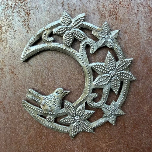 Moon with Flowers and Birds, Metal Ornament 4" x 3.5"