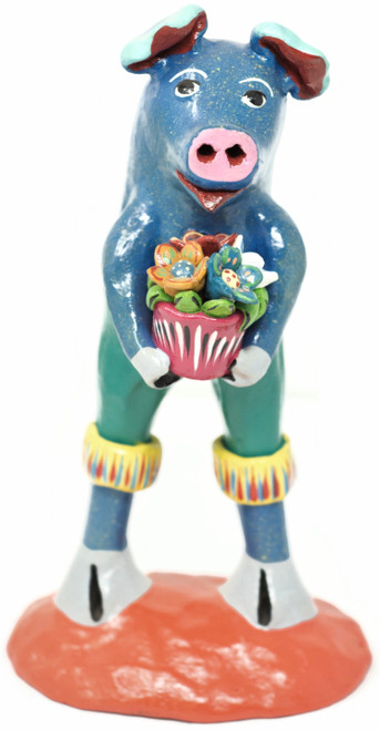 Whimsical Pig Holding a Pot of Flowers