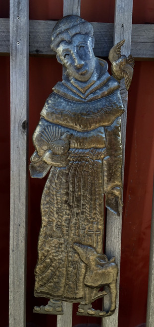 Indoor and outdoor saint francis, saint statue wall hanging, spiritual wall decor, outdoor religious art, fair trade metal art, recycled metal sculpture