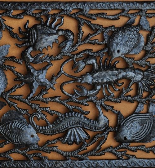 fish crab lobster metal art, recycled metal wall hanging, coastal decor metal art, Haitian folk art sculpture, fair trade metal wall decor.
