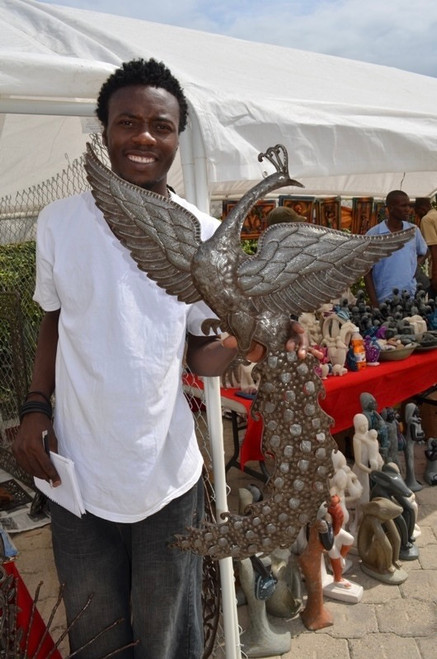 Haitian folk art, artisan wall sculpture, recycled oil drum art, large metal bird wall decor, peacock wall hanging