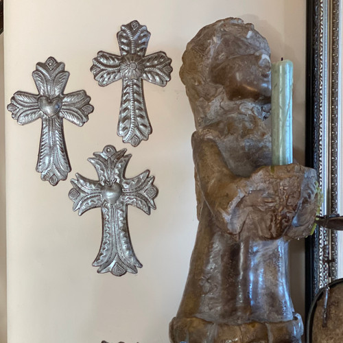 Small Crosses, Set of 3, Decorative Figurines, Wall Hanging Recycled Haitian Oil Drum Art, 4 x 6 Inches Small Crosses, Set of 3, Decorative Figurines, Wall Hanging Recycled Haitian Oil Drum Art, 4 x 6 Inches