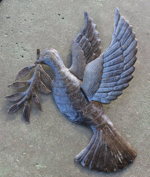 Dove of Peace, World Unity, Recycled Metal Art, SM715 Haiti 17" X 17.5", indoor and outdoor bird